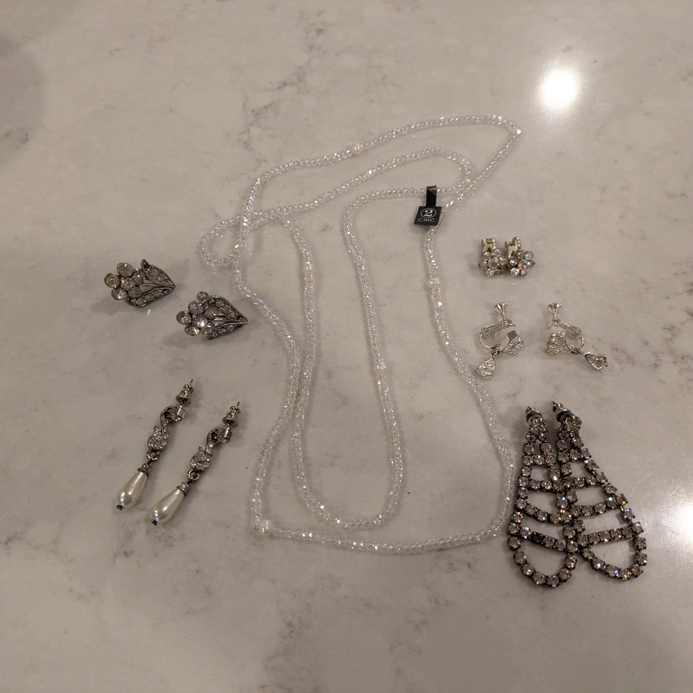 Chic Silver and White Earrings Set Of 6. Clip On Earring 5, Necklace 1